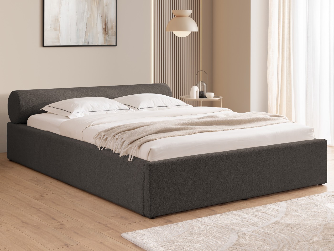 Josy - Designer-Polsterbett mit zylinderförmigem gepolstertem Kopfteil aus Chenille-Stoff mit Lattenrost und großem Bettkasten