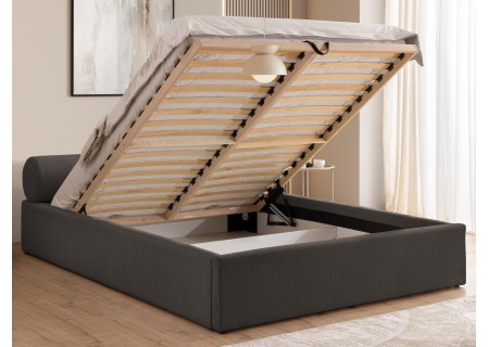 Josy - Designer-Polsterbett mit zylinderförmigem gepolstertem Kopfteil aus Chenille-Stoff mit Lattenrost und großem Bettkasten