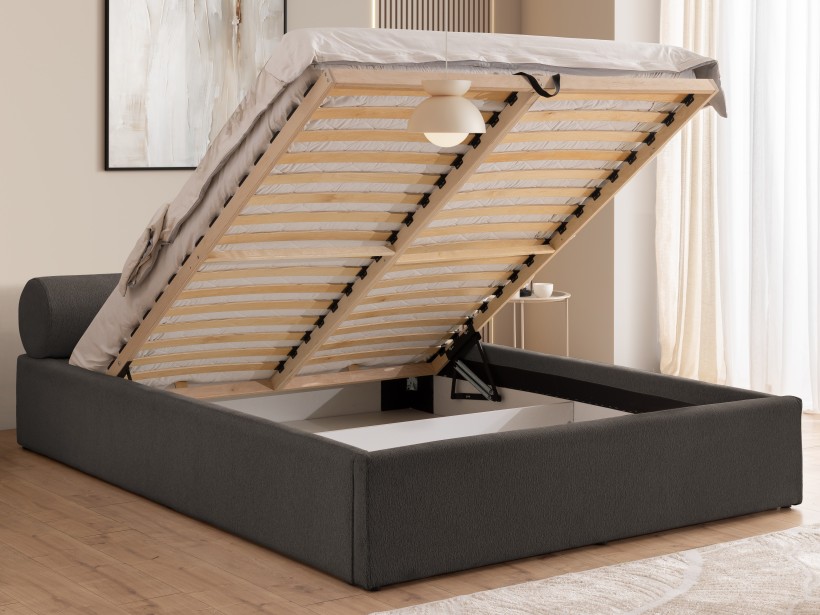 Josy - Designer-Polsterbett mit zylinderförmigem gepolstertem Kopfteil aus Chenille-Stoff mit Lattenrost und großem Bettkasten