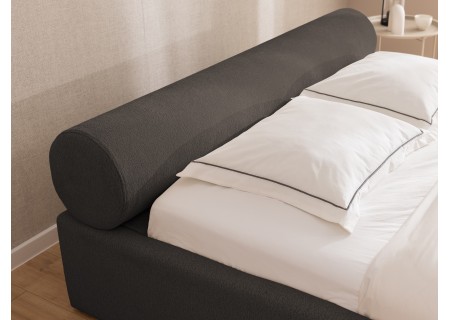 Josy - Designer-Polsterbett mit zylinderförmigem gepolstertem Kopfteil aus Chenille-Stoff mit Lattenrost und großem Bettkasten