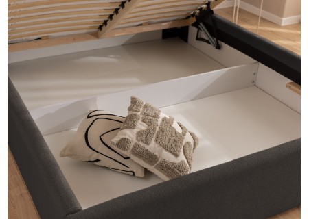 Josy - Designer-Polsterbett mit zylinderförmigem gepolstertem Kopfteil aus Chenille-Stoff mit Lattenrost und großem Bettkasten