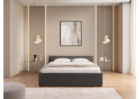 Josy - Designer-Polsterbett mit zylinderförmigem gepolstertem Kopfteil aus Chenille-Stoff mit Lattenrost und großem Bettkasten