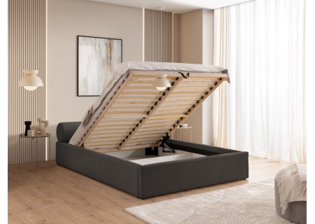 Josy - Designer-Polsterbett mit zylinderförmigem gepolstertem Kopfteil aus Chenille-Stoff mit Lattenrost und großem Bettkasten