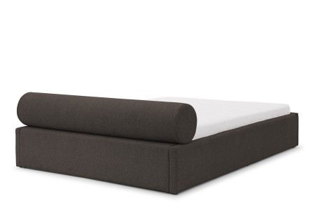 Josy - Designer-Polsterbett mit zylinderförmigem gepolstertem Kopfteil aus Chenille-Stoff mit Lattenrost und großem Bettkasten