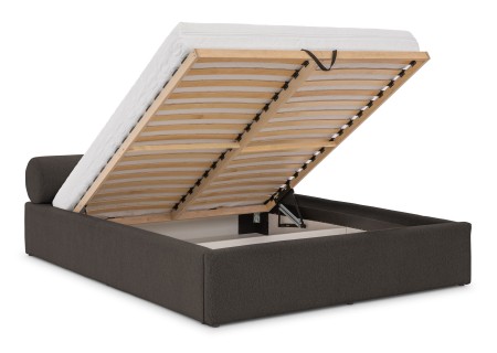 Josy - Designer-Polsterbett mit zylinderförmigem gepolstertem Kopfteil aus Chenille-Stoff mit Lattenrost und großem Bettkasten