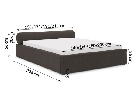 Josy - Designer-Polsterbett mit zylinderförmigem gepolstertem Kopfteil aus Chenille-Stoff mit Lattenrost und großem Bettkasten