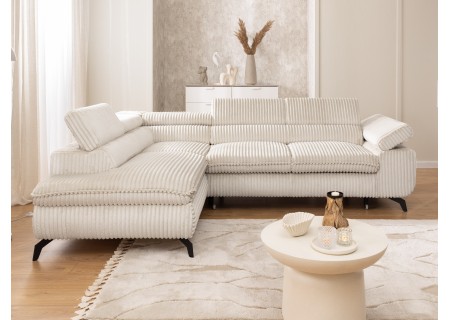 Bonnie - Ecksofa mit Schlaffunktion und Bettkasten aus Cord-Stoff mit verstellbaren Kopfstützen und Armlehne