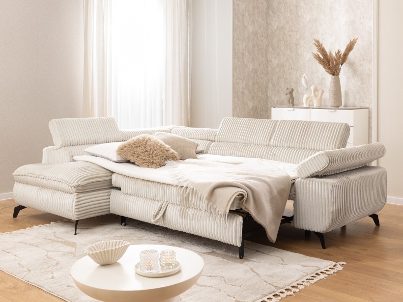 Bonnie - Ecksofa mit Schlaffunktion und Bettkasten aus Cord-Stoff mit verstellbaren Kopfstützen und Armlehne