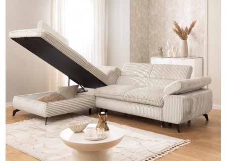 Bonnie - Ecksofa mit Schlaffunktion und Bettkasten aus Cord-Stoff mit verstellbaren Kopfstützen und Armlehne