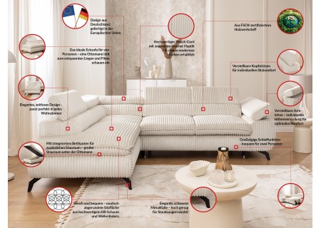 Bonnie - Ecksofa mit Schlaffunktion und Bettkasten aus Cord-Stoff mit verstellbaren Kopfstützen und Armlehne