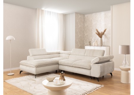 Bonnie - Ecksofa mit Schlaffunktion und Bettkasten aus Cord-Stoff mit verstellbaren Kopfstützen und Armlehne