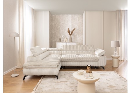 Bonnie - Ecksofa mit Schlaffunktion und Bettkasten aus Cord-Stoff mit verstellbaren Kopfstützen und Armlehne