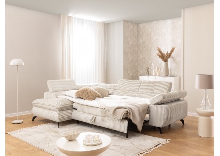 Bonnie - Ecksofa mit Schlaffunktion und Bettkasten aus Cord-Stoff mit verstellbaren Kopfstützen und Armlehne