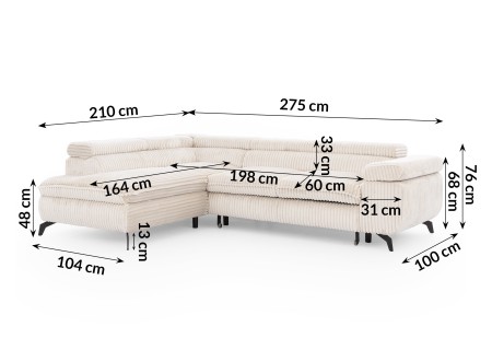 Bonnie - Ecksofa mit Schlaffunktion und Bettkasten aus Cord-Stoff mit verstellbaren Kopfstützen und Armlehne