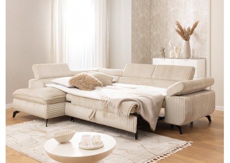 Bonnie - Ecksofa mit Schlaffunktion und Bettkasten aus Cord-Stoff mit verstellbaren Kopfstützen und Armlehne