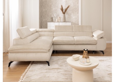 Bonnie - Ecksofa mit Schlaffunktion und Bettkasten aus Cord-Stoff mit verstellbaren Kopfstützen und Armlehne
