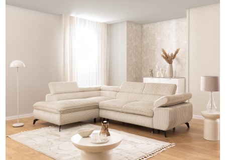 Bonnie - Ecksofa mit Schlaffunktion und Bettkasten aus Cord-Stoff mit verstellbaren Kopfstützen und Armlehne
