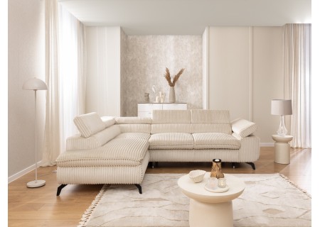 Bonnie - Ecksofa mit Schlaffunktion und Bettkasten aus Cord-Stoff mit verstellbaren Kopfstützen und Armlehne