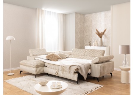 Bonnie - Ecksofa mit Schlaffunktion und Bettkasten aus Cord-Stoff mit verstellbaren Kopfstützen und Armlehne