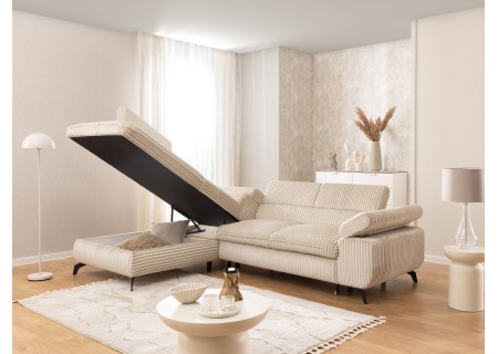 Bonnie - Ecksofa mit Schlaffunktion und Bettkasten aus Cord-Stoff mit verstellbaren Kopfstützen und Armlehne