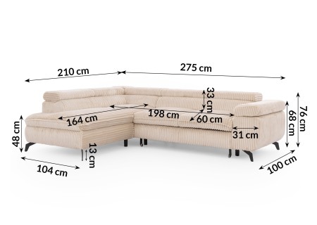 Bonnie - Ecksofa mit Schlaffunktion und Bettkasten aus Cord-Stoff mit verstellbaren Kopfstützen und Armlehne
