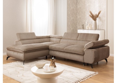Bonnie - Ecksofa mit Schlaffunktion und Bettkasten aus Cord-Stoff mit verstellbaren Kopfstützen und Armlehne