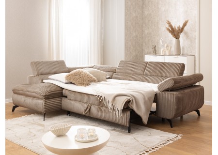 Bonnie - Ecksofa mit Schlaffunktion und Bettkasten aus Cord-Stoff mit verstellbaren Kopfstützen und Armlehne