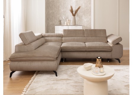 Bonnie - Ecksofa mit Schlaffunktion und Bettkasten aus Cord-Stoff mit verstellbaren Kopfstützen und Armlehne