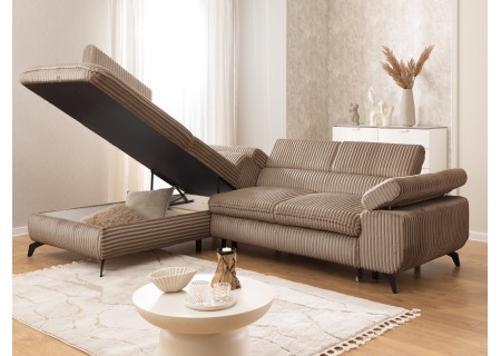 Bonnie - Ecksofa mit Schlaffunktion und Bettkasten aus Cord-Stoff mit verstellbaren Kopfstützen und Armlehne