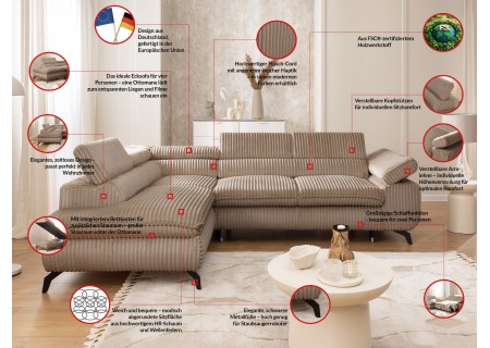 Bonnie - Ecksofa mit Schlaffunktion und Bettkasten aus Cord-Stoff mit verstellbaren Kopfstützen und Armlehne