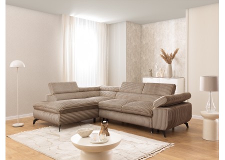Bonnie - Ecksofa mit Schlaffunktion und Bettkasten aus Cord-Stoff mit verstellbaren Kopfstützen und Armlehne