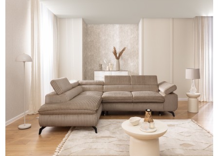 Bonnie - Ecksofa mit Schlaffunktion und Bettkasten aus Cord-Stoff mit verstellbaren Kopfstützen und Armlehne
