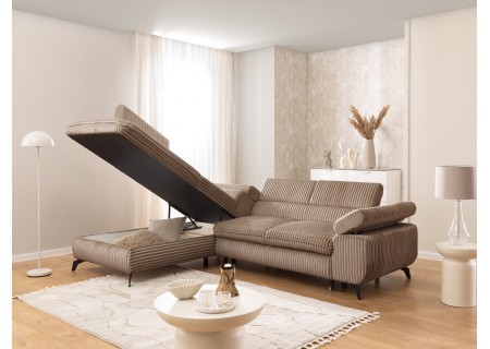 Bonnie - Ecksofa mit Schlaffunktion und Bettkasten aus Cord-Stoff mit verstellbaren Kopfstützen und Armlehne