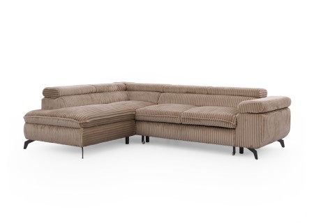 Bonnie - Ecksofa mit Schlaffunktion und Bettkasten aus Cord-Stoff mit verstellbaren Kopfstützen und Armlehne
