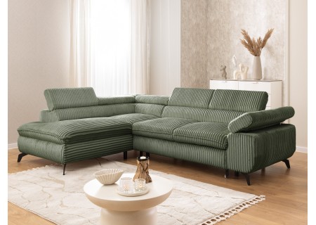 Bonnie - Ecksofa mit Schlaffunktion und Bettkasten aus Cord-Stoff mit verstellbaren Kopfstützen und Armlehne