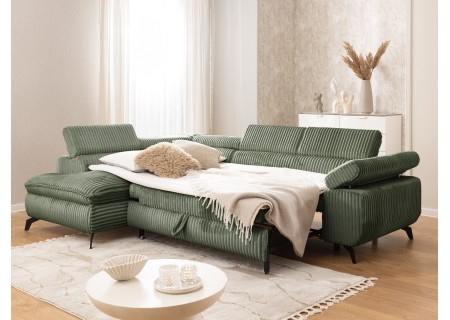 Bonnie - Ecksofa mit Schlaffunktion und Bettkasten aus Cord-Stoff mit verstellbaren Kopfstützen und Armlehne