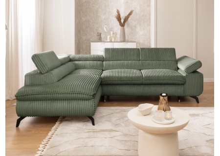 Bonnie - Ecksofa mit Schlaffunktion und Bettkasten aus Cord-Stoff mit verstellbaren Kopfstützen und Armlehne