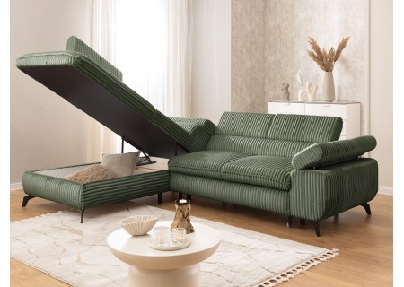Bonnie - Ecksofa mit Schlaffunktion und Bettkasten aus Cord-Stoff mit verstellbaren Kopfstützen und Armlehne
