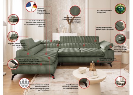 Bonnie - Ecksofa mit Schlaffunktion und Bettkasten aus Cord-Stoff mit verstellbaren Kopfstützen und Armlehne
