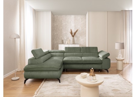 Bonnie - Ecksofa mit Schlaffunktion und Bettkasten aus Cord-Stoff mit verstellbaren Kopfstützen und Armlehne