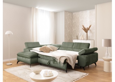 Bonnie - Ecksofa mit Schlaffunktion und Bettkasten aus Cord-Stoff mit verstellbaren Kopfstützen und Armlehne