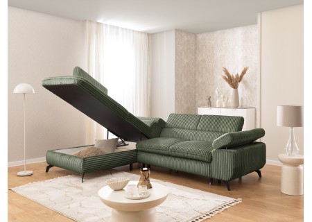 Bonnie - Ecksofa mit Schlaffunktion und Bettkasten aus Cord-Stoff mit verstellbaren Kopfstützen und Armlehne