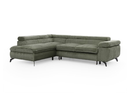 Bonnie - Ecksofa mit Schlaffunktion und Bettkasten aus Cord-Stoff mit verstellbaren Kopfstützen und Armlehne