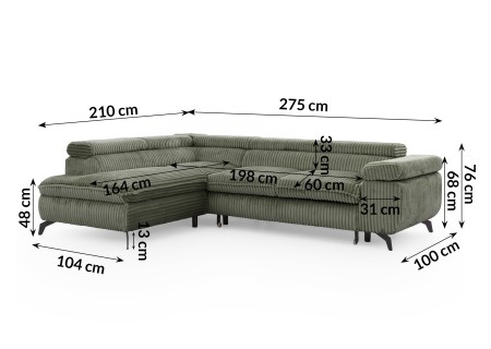 Bonnie - Ecksofa mit Schlaffunktion und Bettkasten aus Cord-Stoff mit verstellbaren Kopfstützen und Armlehne