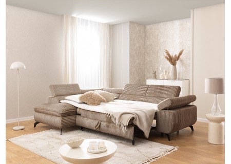 Bonnie - Ecksofa mit Schlaffunktion und Bettkasten aus Cord-Stoff mit verstellbaren Kopfstützen und Armlehne