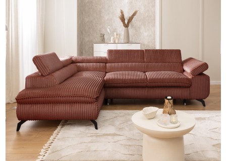 Bonnie - Ecksofa mit Schlaffunktion und Bettkasten aus Cord-Stoff mit verstellbaren Kopfstützen und Armlehne