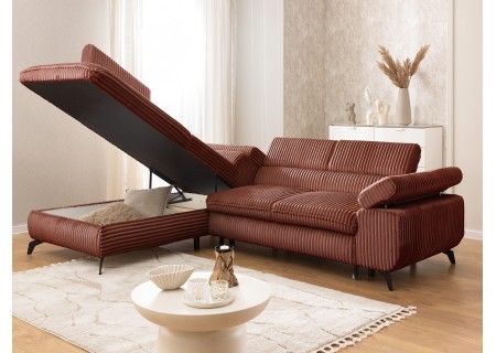 Bonnie - Ecksofa mit Schlaffunktion und Bettkasten aus Cord-Stoff mit verstellbaren Kopfstützen und Armlehne