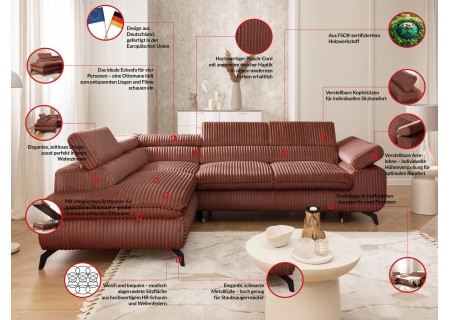 Bonnie - Ecksofa mit Schlaffunktion und Bettkasten aus Cord-Stoff mit verstellbaren Kopfstützen und Armlehne