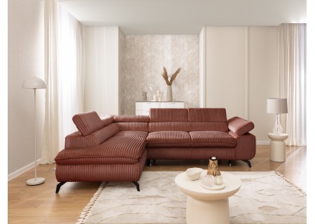 Bonnie - Ecksofa mit Schlaffunktion und Bettkasten aus Cord-Stoff mit verstellbaren Kopfstützen und Armlehne