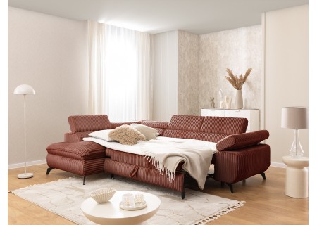 Bonnie - Ecksofa mit Schlaffunktion und Bettkasten aus Cord-Stoff mit verstellbaren Kopfstützen und Armlehne